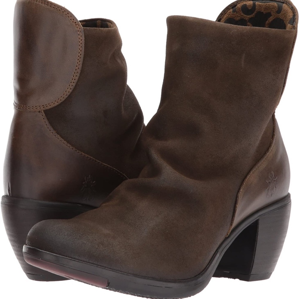 Fly London Hota-125-Fly Ruched Vamp Suede Ankle Boots Bootie Olive Size 10 NEW